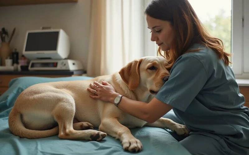 Dog owner gently checking incision site on a Labrador during home post-surgical recovery
