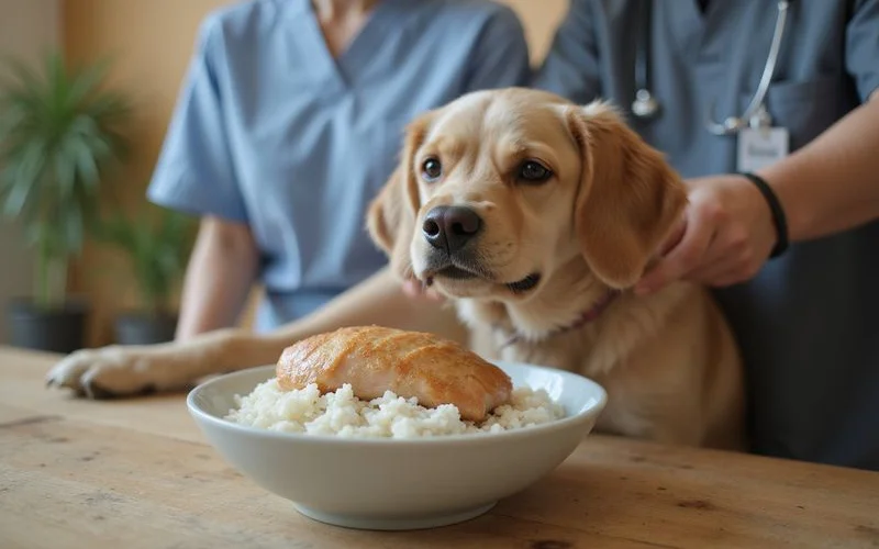 Small bland diet bowl of boiled chicken and white rice prepared for a recovering dog at home