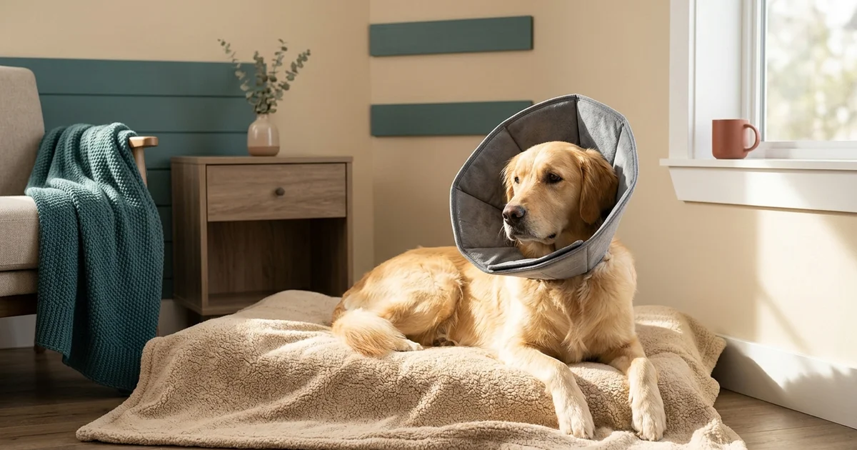 Calm retriever resting at home in Wilmington DE in a recovery cone on a warm blanket during mass removal surgery recovery