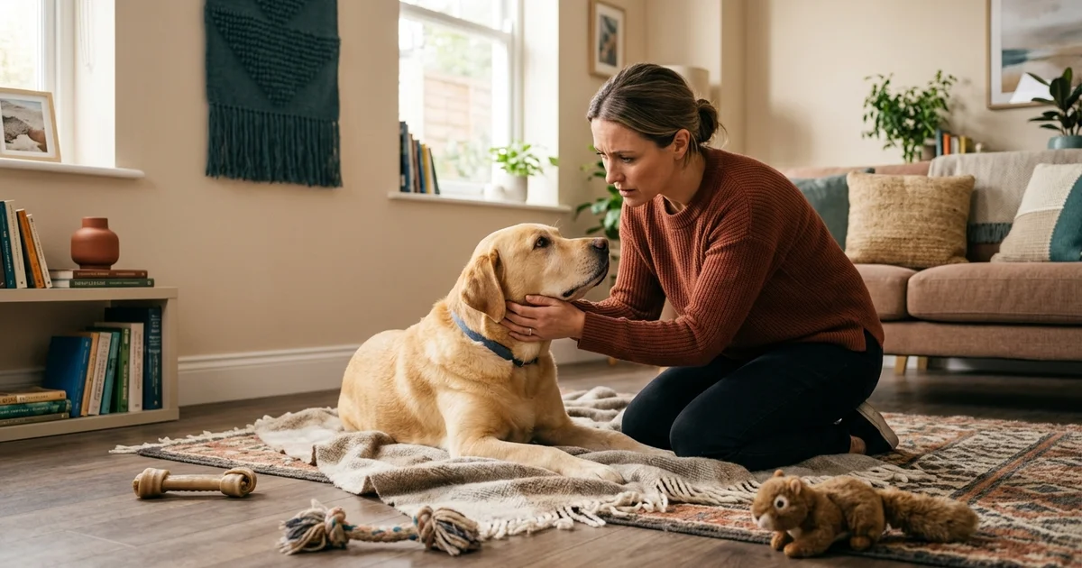 Concerned Wilmington DE dog owner kneeling beside a labrador surrounded by chew toys after the dog swallowed a toy needing surgery