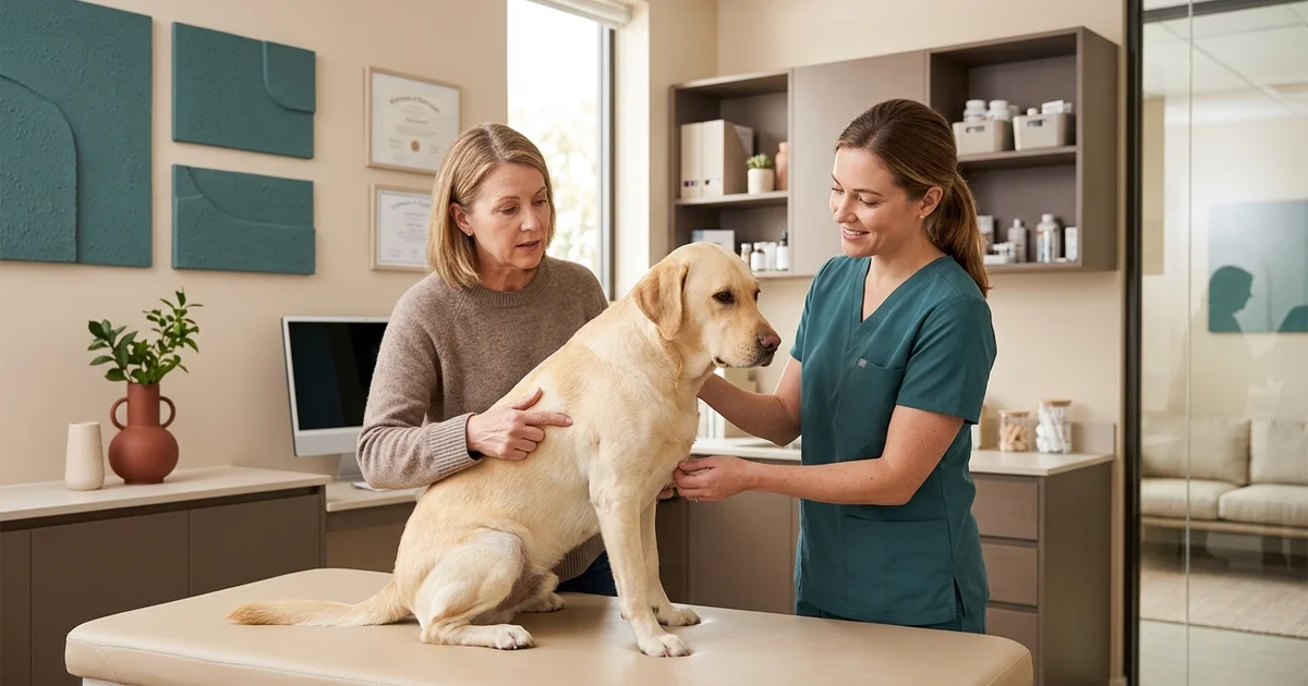 Wilmington DE dog owner showing a small lump on their labrador to a veterinary surgeon to find out if the mass is cancerous