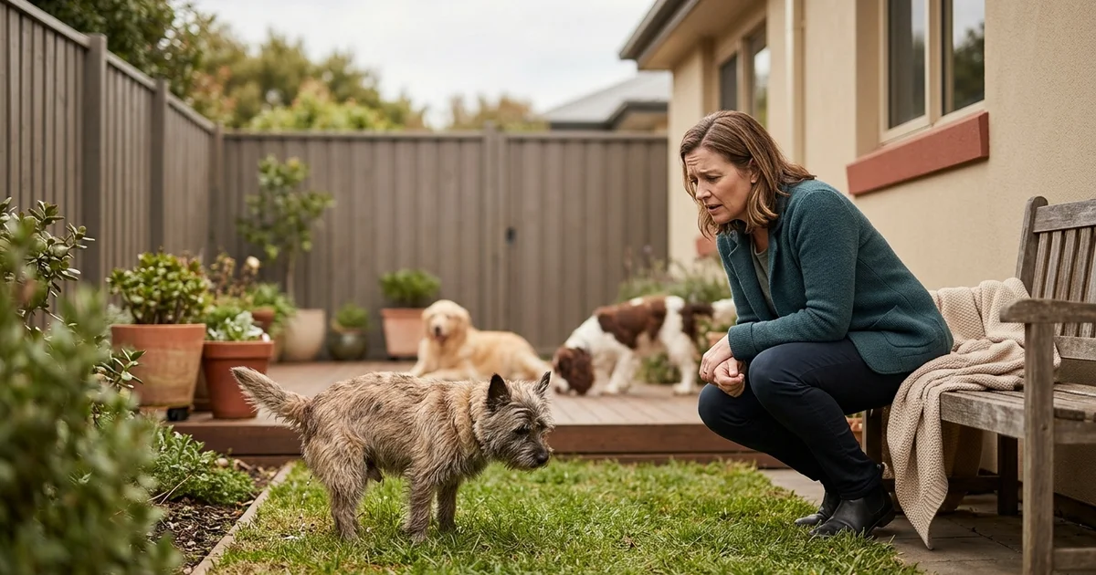 Concerned Wilmington DE dog owner watching a terrier struggle to urinate in a backyard, a sign of bladder stones needing cystotomy
