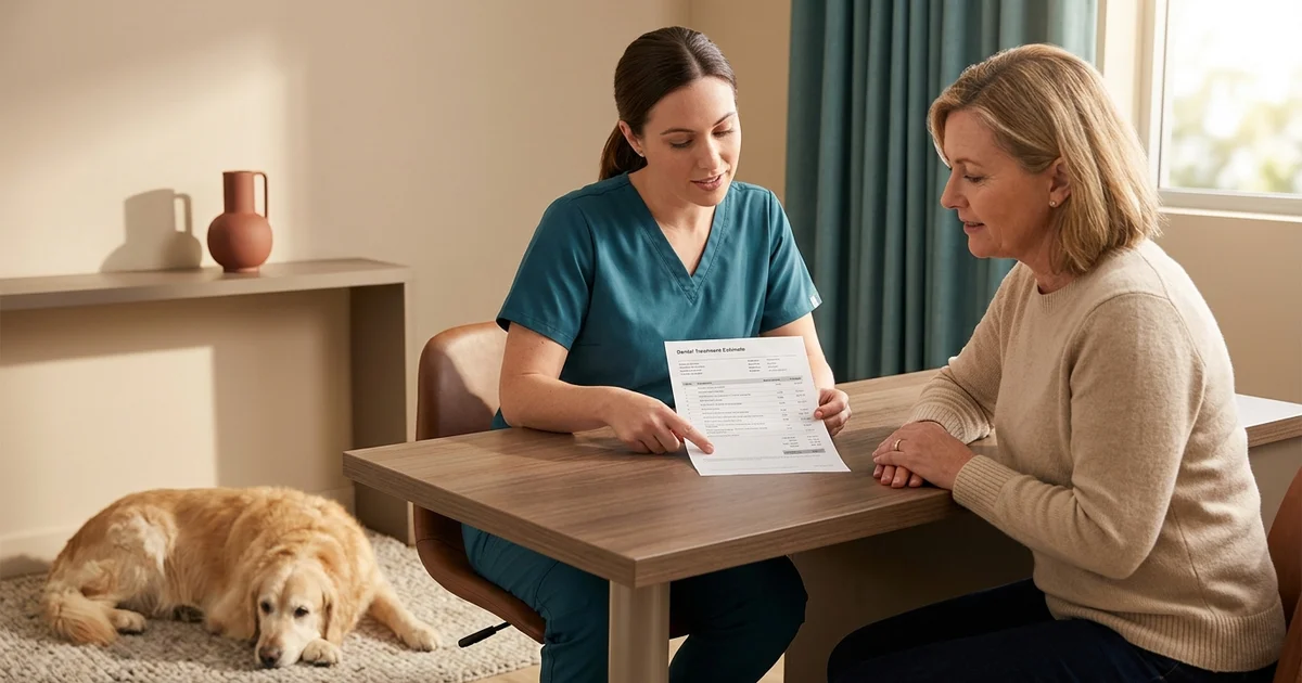 Wilmington DE dog owner and veterinary surgeon reviewing a canine dental extraction surgery estimate in a consult room