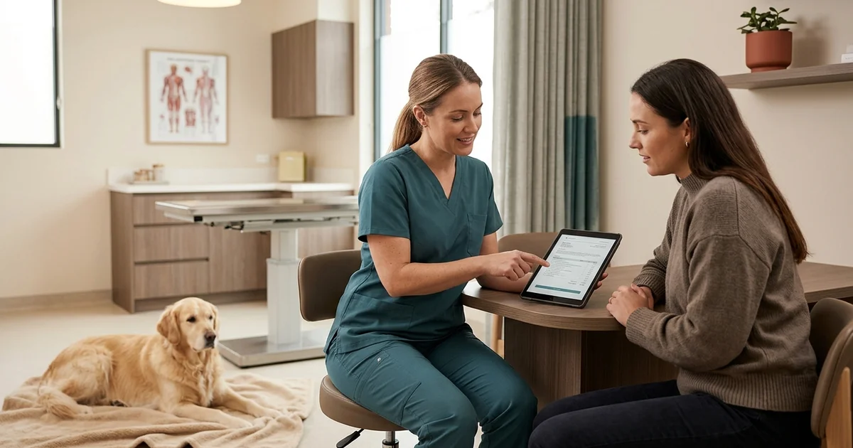 Delaware dog owner and veterinary surgeon reviewing a written canine tumor removal surgery estimate on a tablet in a consult room