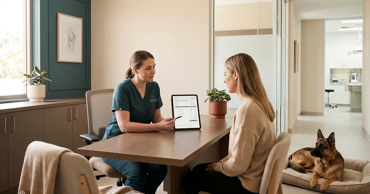 Wilmington DE dog owner and veterinary surgeon reviewing a canine fracture repair surgery estimate in a consult room