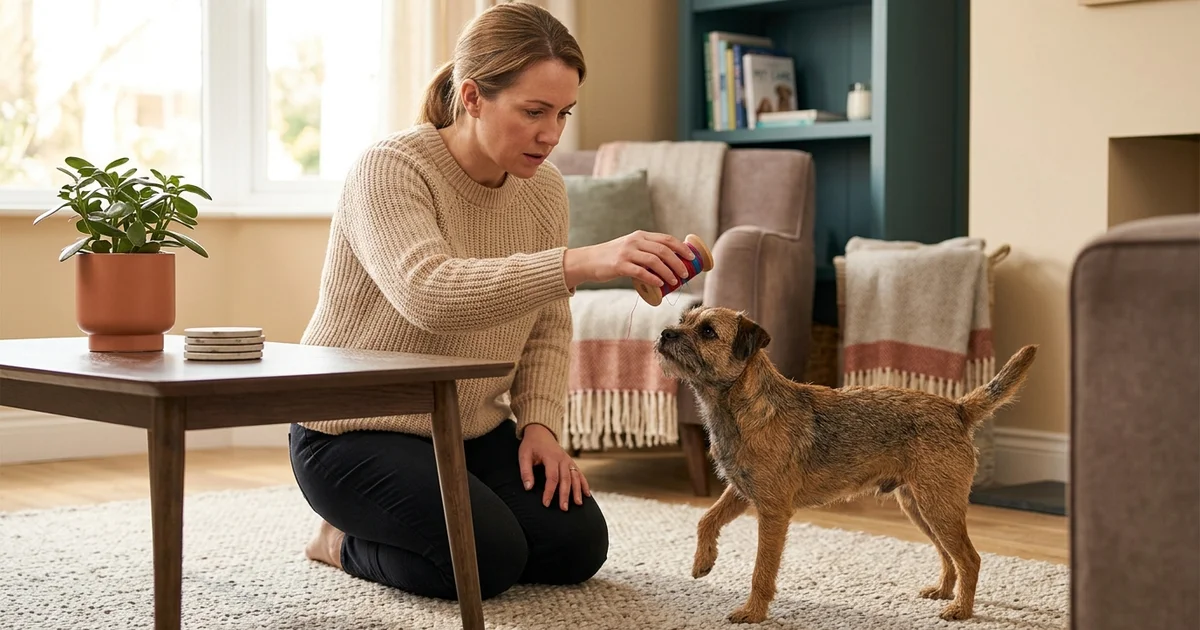 Wilmington DE dog owner moving a spool of thread out of reach of a curious terrier to prevent linear foreign body surgery