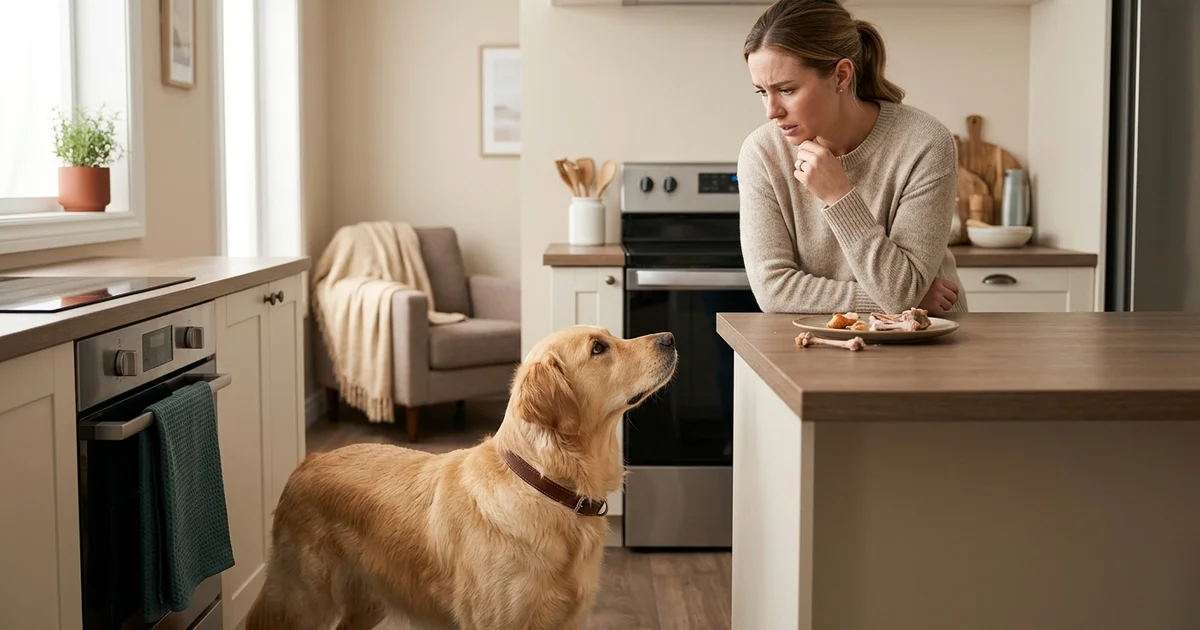 Concerned Wilmington DE dog owner watching a retriever near a kitchen counter after the dog ate a bone that may need foreign body surgery