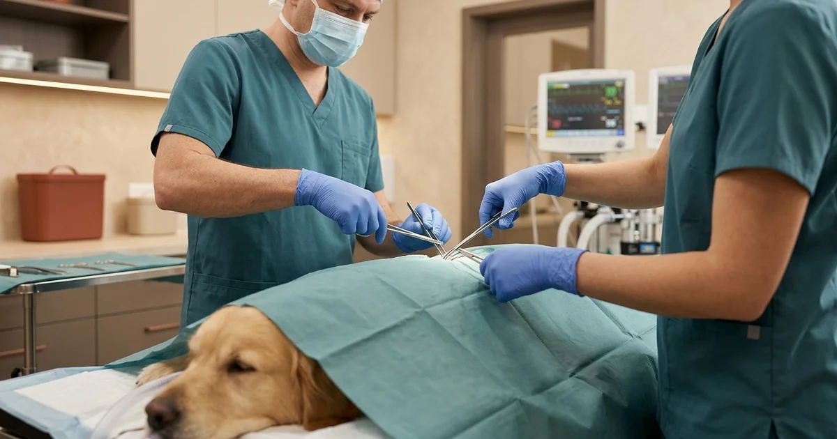 Gloved surgeon's hands in our Wilmington DE operating room holding precision instruments for canine mass removal surgery