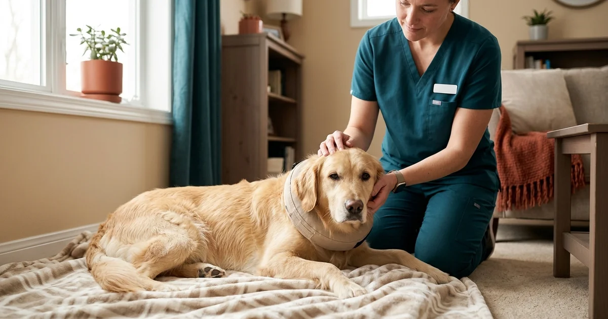 Golden retriever resting calmly on a blanket at home during recovery after abdominal surgery