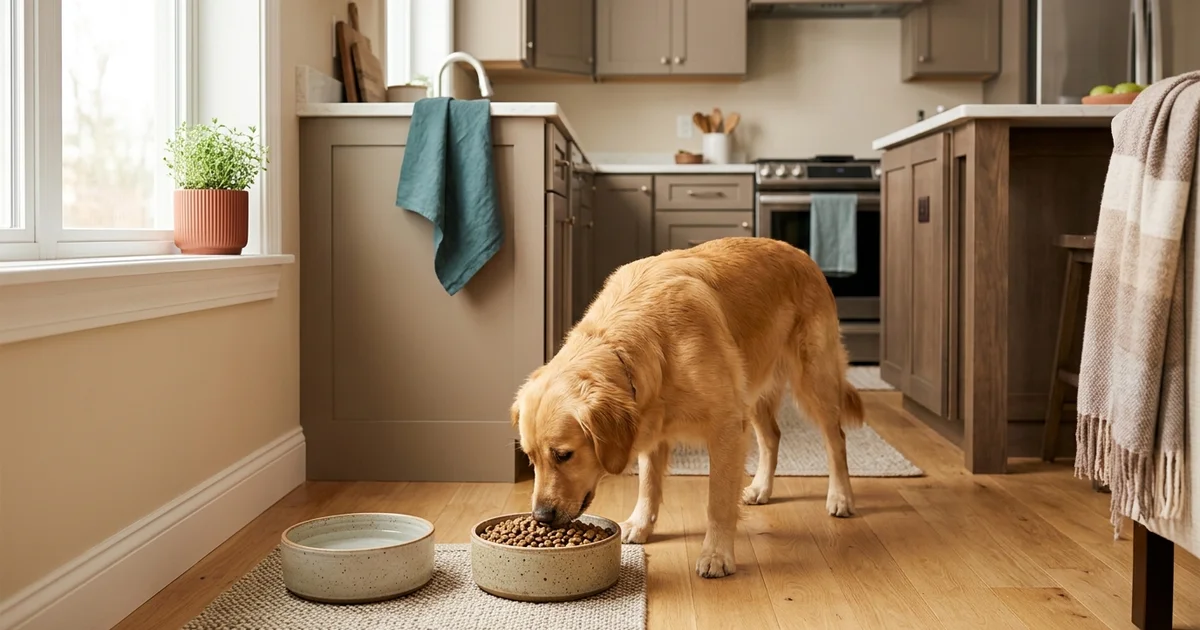 Dog in a Brandywine Valley home eating a prescription urinary diet beside a full water bowl to prevent struvite or oxalate bladder stones