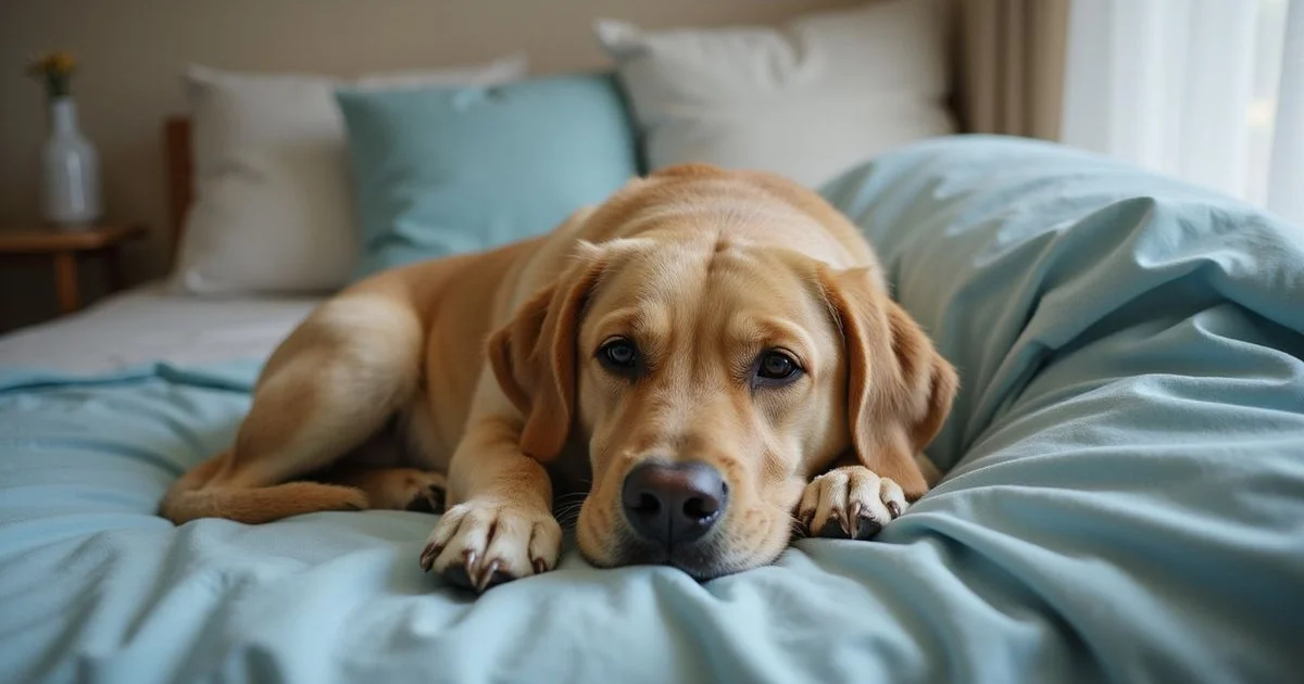 Labrador resting comfortably at home during post-operative recovery after canine surgery at Brandywine Valley Dog Surgery in Wilmington DE