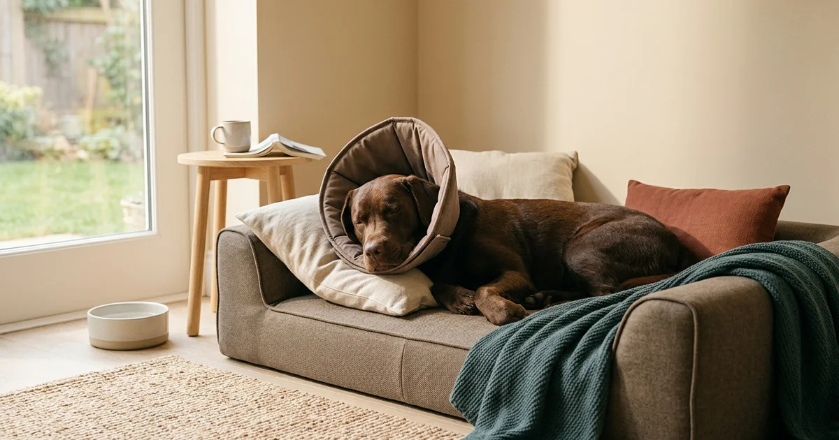 Labrador resting peacefully at home in Wilmington DE during recovery after foreign body surgery on a soft bed