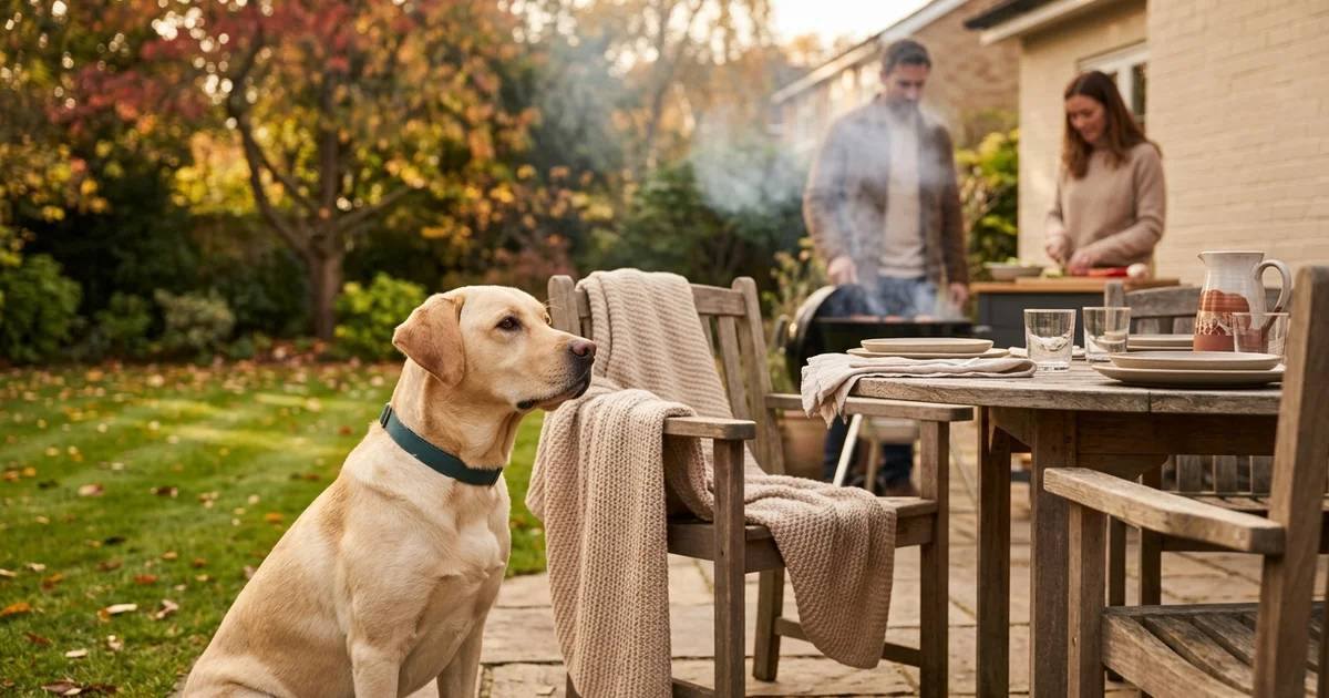 Labrador watching attentively beside a backyard cookout table on a warm autumn afternoon