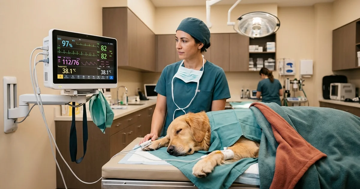 Multi-parameter anesthetic monitor displaying SpO2, ECG, blood pressure and temperature beside a sleeping dog