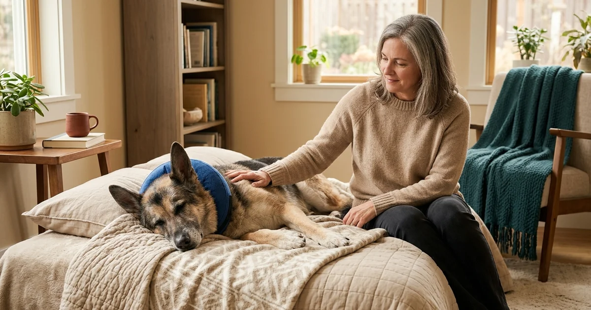 Older german shepherd resting quietly at home in Wilmington DE during splenectomy recovery with a calm owner alongside