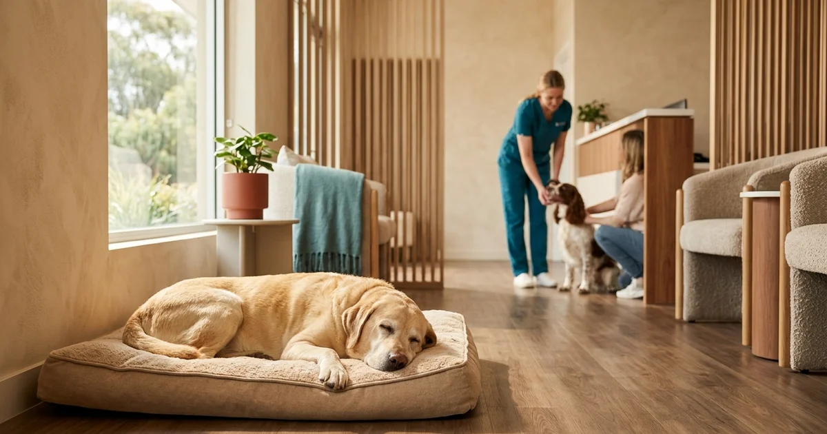 Older labrador resting in the waiting area of our Wilmington DE clinic before lipoma removal surgery