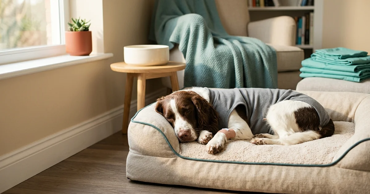 Spaniel resting comfortably at home in the Brandywine Valley after cystotomy bladder stone surgery with a full water bowl nearby