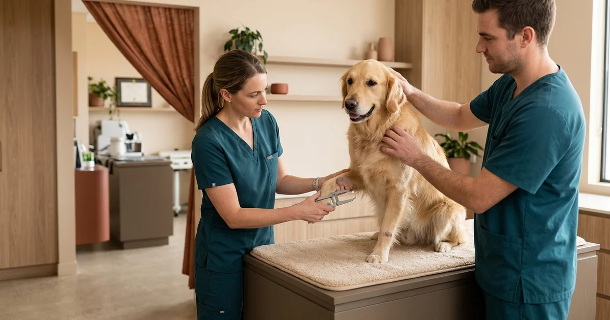 Veterinary surgeon in Wilmington DE measuring a lump on a dog's leg with calipers to decide if mass removal surgery is needed