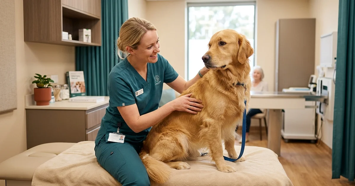 Veterinary surgeon in our Wilmington DE clinic gently examining a lump on a calm golden retriever before mass tumor removal surgery