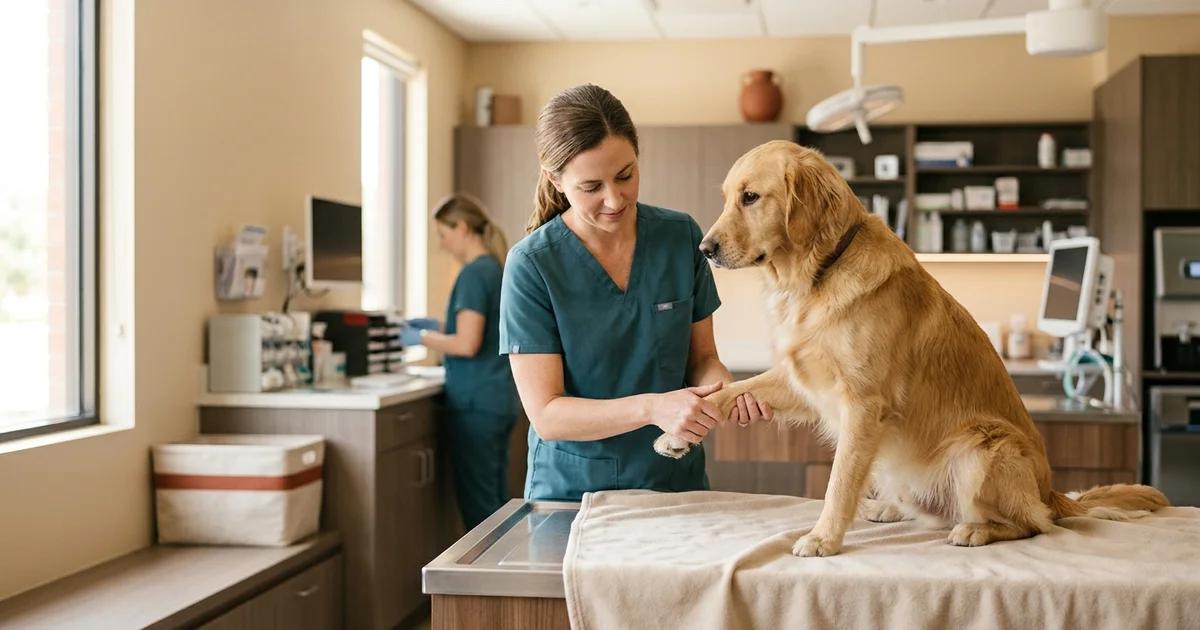 Veterinary surgeon in Wilmington DE gently examining a dog's injured front leg to decide if fracture repair surgery is needed