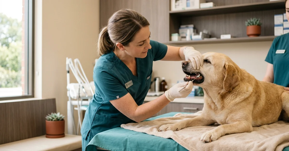 Veterinary surgeon in our Wilmington DE clinic examining the teeth and gums of a calm older labrador during a dental consultation