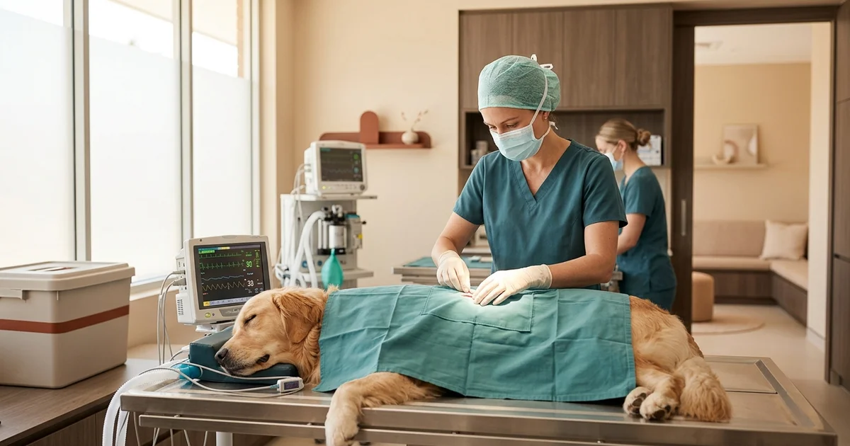 Veterinary surgeon in our Wilmington DE clinic at a clean operating table with a monitored sleeping dog during cystotomy bladder stone surgery