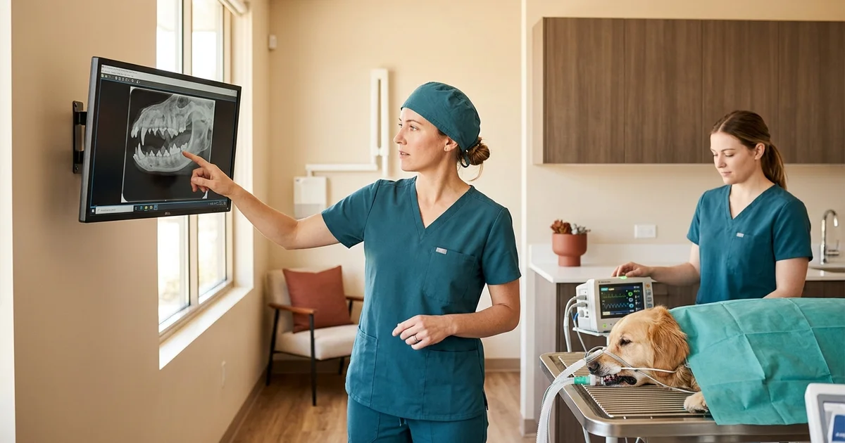 Veterinary surgeon reviewing a digital intraoral dental radiograph during a canine procedure