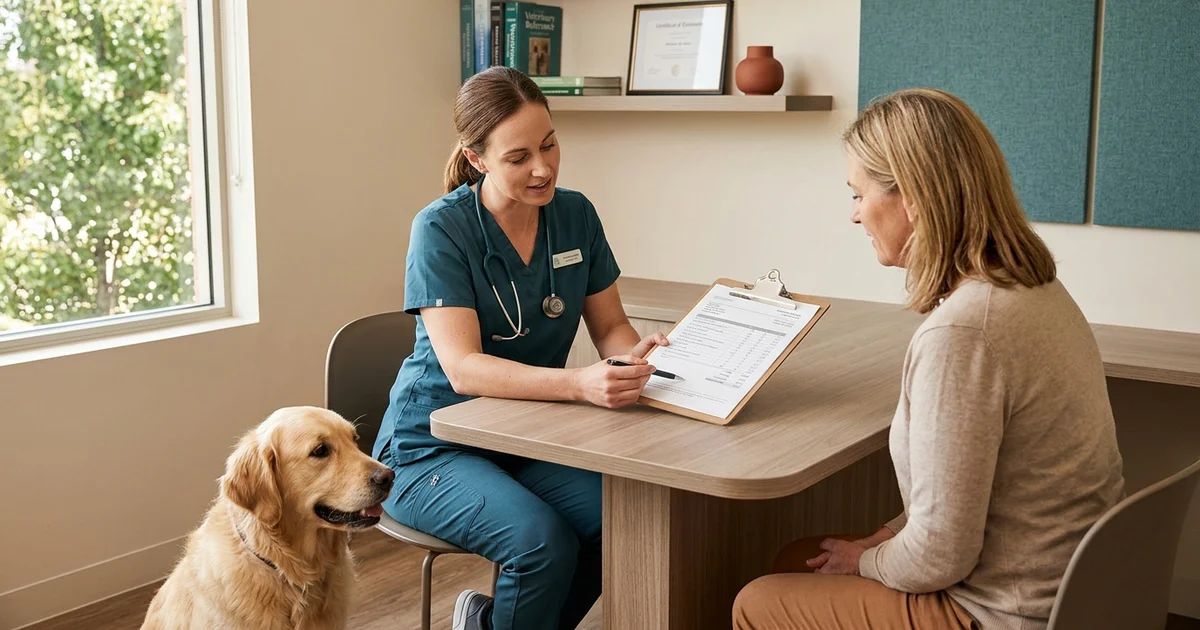 Veterinary surgeon reviewing a written surgical estimate with a dog owner in a warm consult room
