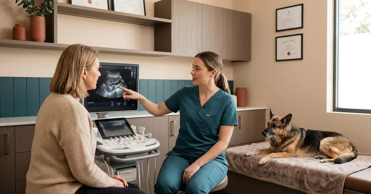 Veterinary surgeon in Wilmington DE reviewing an abdominal ultrasound with a dog owner to plan splenectomy spleen removal surgery