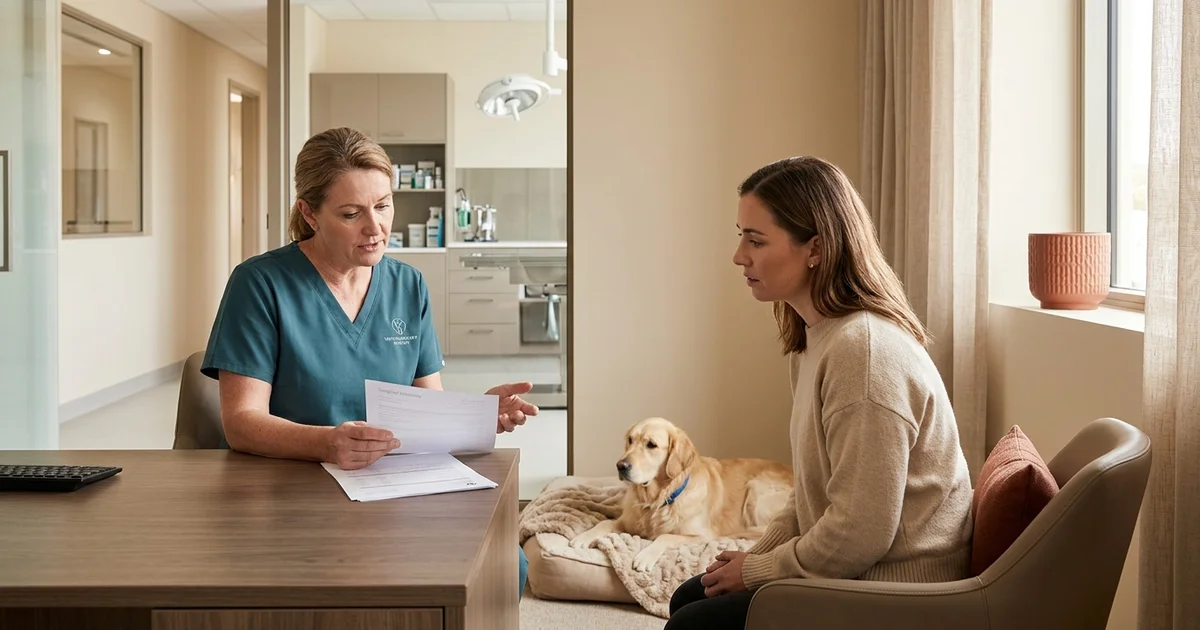 Veterinary surgeon in Newark DE reviewing a pyometra surgery estimate with a worried dog owner facing an emergency spay