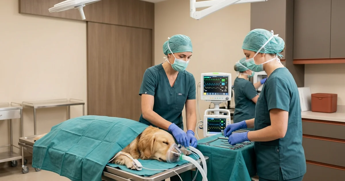 Wilmington DE veterinary surgical team preparing for an urgent pyometra surgery on a monitored sleeping female dog