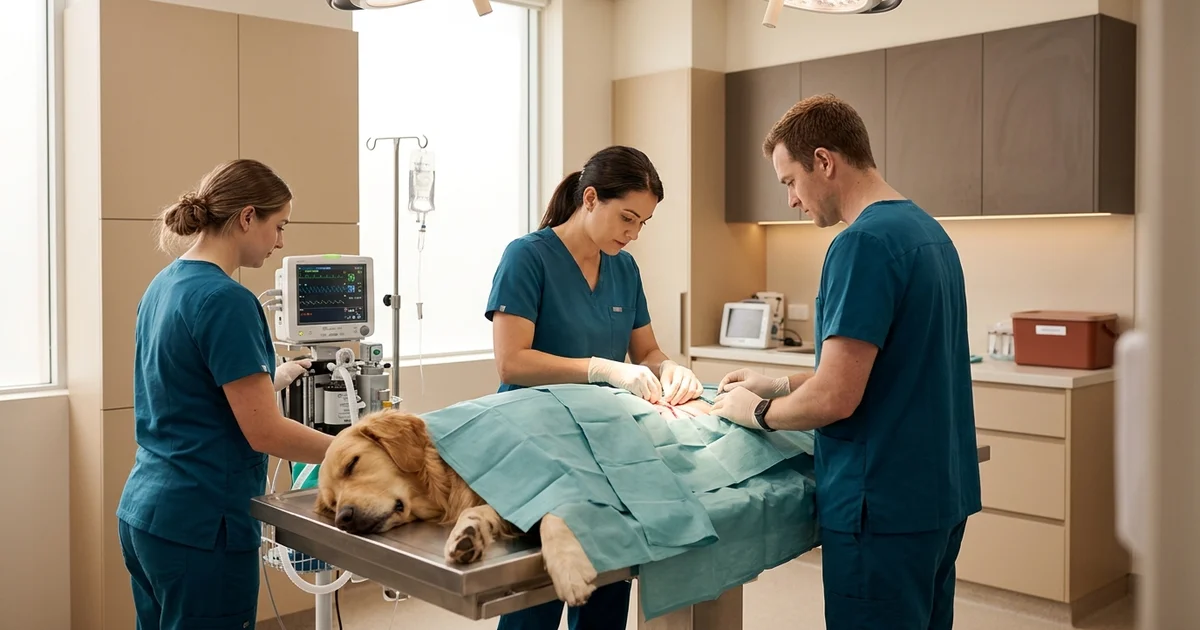 Wilmington DE veterinary surgical team working around a monitored sleeping dog during a gastrotomy or enterotomy foreign body procedure