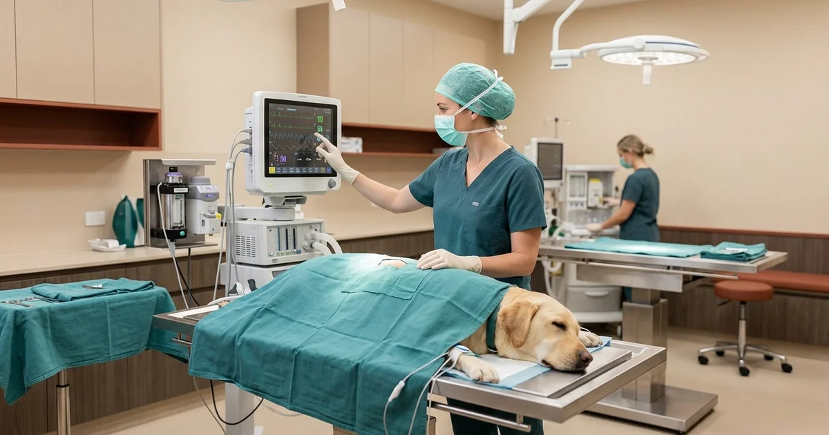 Warm surgical suite in our Wilmington DE clinic with a monitored sleeping labrador draped for emergency foreign body surgery