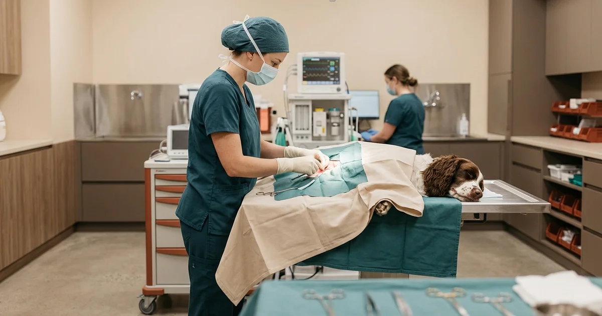 Warm surgical suite in our Wilmington DE clinic with a monitored sleeping spaniel draped for cystotomy bladder stone surgery