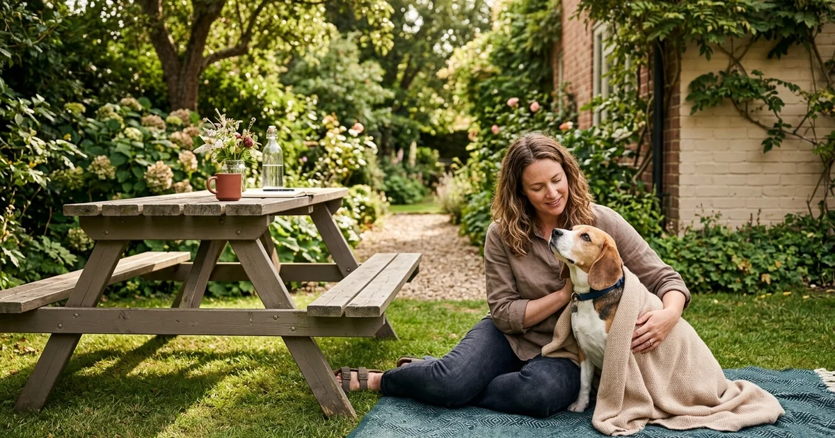 Worried Wilmington DE dog owner comforting a beagle near a picnic table after the dog swallowed a corn cob needing foreign body surgery