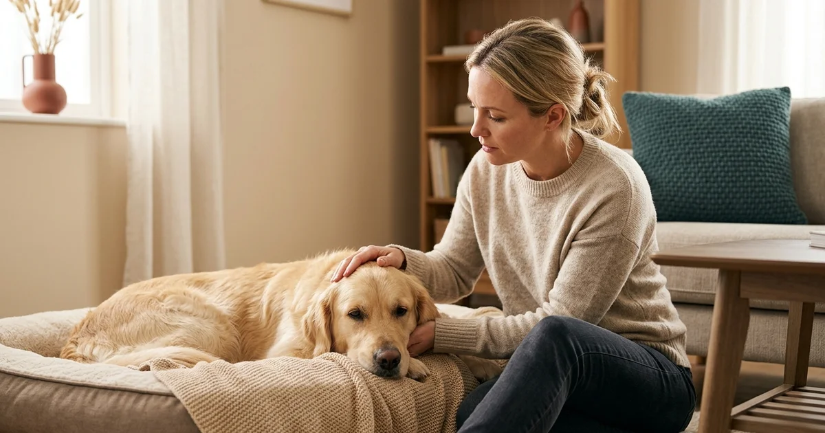 Worried Wilmington DE dog owner comforting a lethargic female retriever at home after spotting early pyometra symptoms