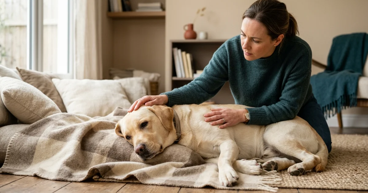 Worried Wilmington DE dog owner comforting a visibly unwell labrador at home showing intestinal blockage signs needing foreign body surgery