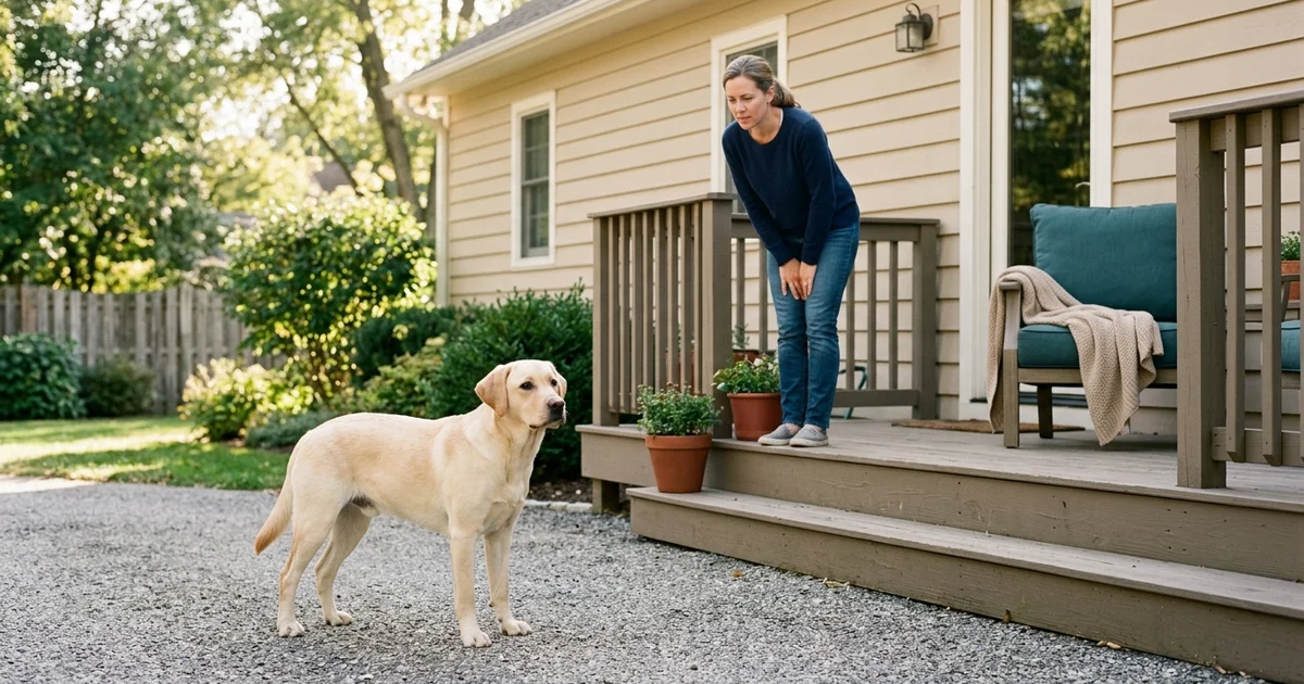 Young labrador on a gravel driveway in Wilmington DE while a concerned owner watches after the dog swallowed a rock needing surgery
