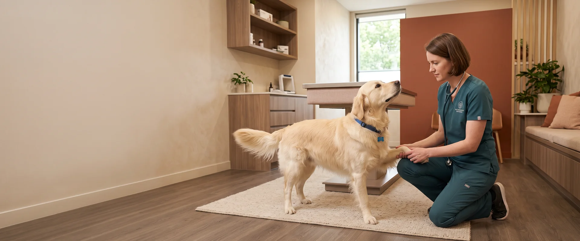 Veterinary surgeon examining a dog in a modern clinic consult room