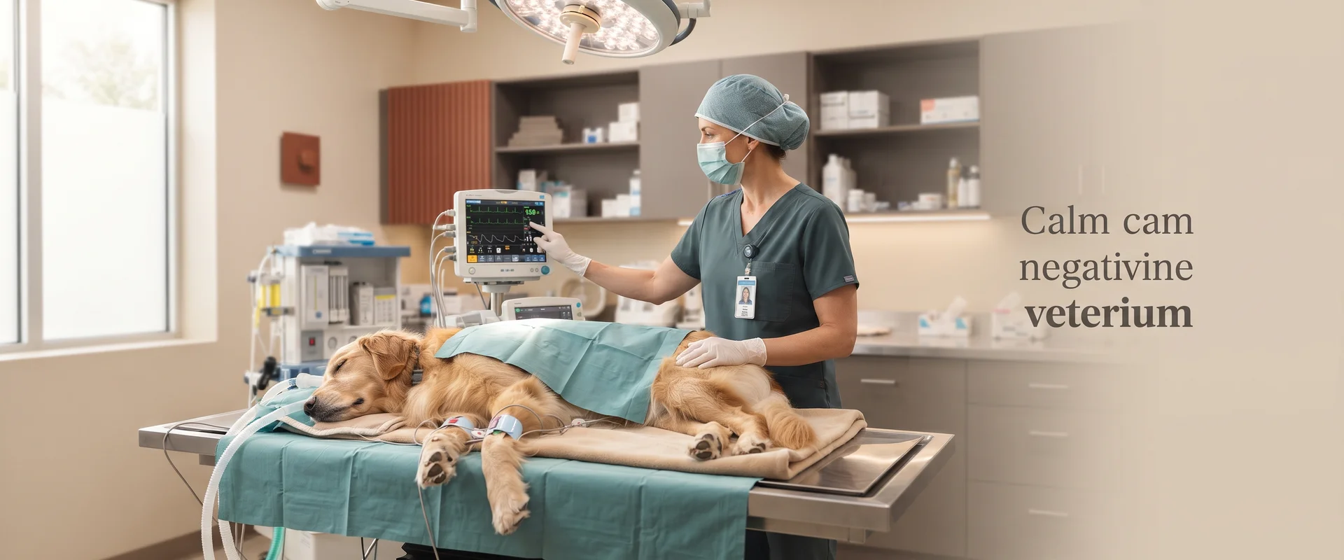 Veterinary surgical suite with a monitored dog and surgeon checking vital signs
