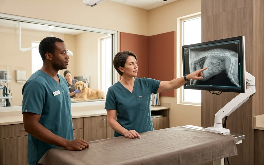 Abdominal radiograph on a clinic monitor while a surgeon points out an obstruction pattern