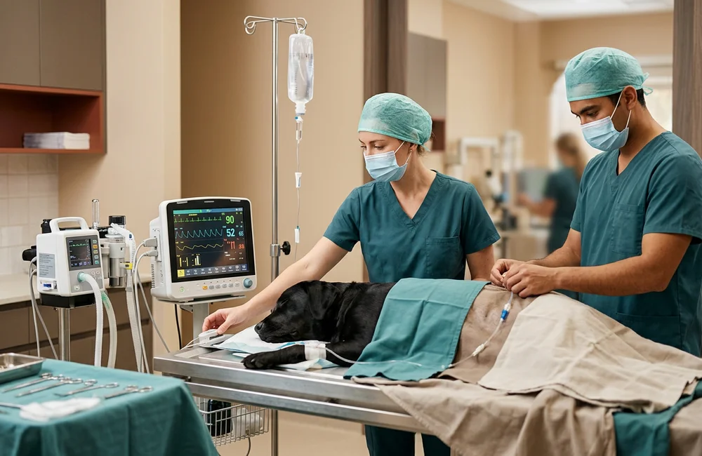 Anesthetic monitoring equipment and IV fluid line beside a dog prepared for emergency abdominal surgery