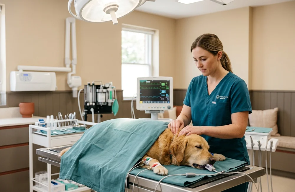 Anesthetised dog on a warmed dental table with monitoring leads and a nurse checking vital signs