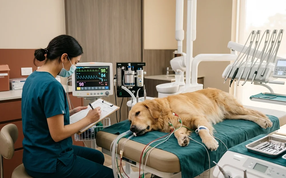 Anesthetised dog on a warmed dental table with a nurse recording vital signs