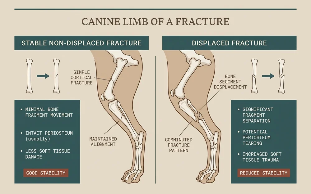 Clinical diagram contrasting a stable non-displaced fracture with a displaced fracture