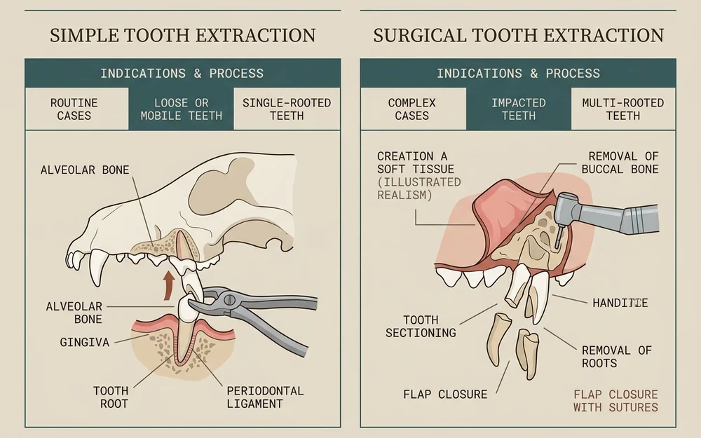 Clinical diagram contrasting simple and surgical tooth extraction techniques