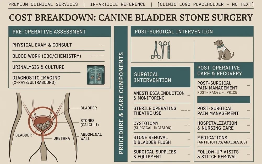 Editorial cost breakdown layout for canine bladder stone surgery