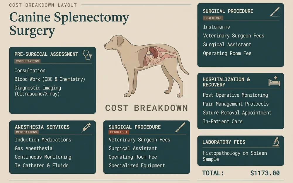 Editorial cost breakdown layout for canine splenectomy surgery