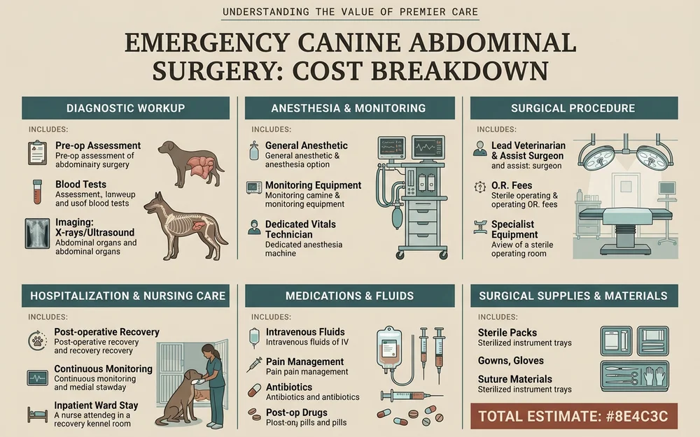 Editorial cost breakdown layout for emergency canine abdominal surgery