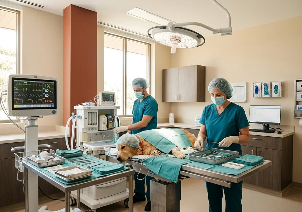 Clean modern veterinary operating suite with surgical lighting, instrument trays and a multi-parameter monitor
